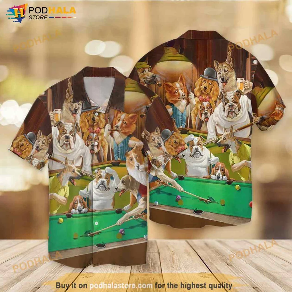 Dogs Playing Pool Hawaiian Shirt With Fun Bulldog And Corgi Design