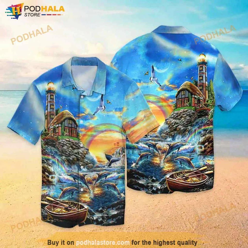 Dolphin Beach Landscape Hawaiian Shirt With Vibrant Sunset And Seagulls