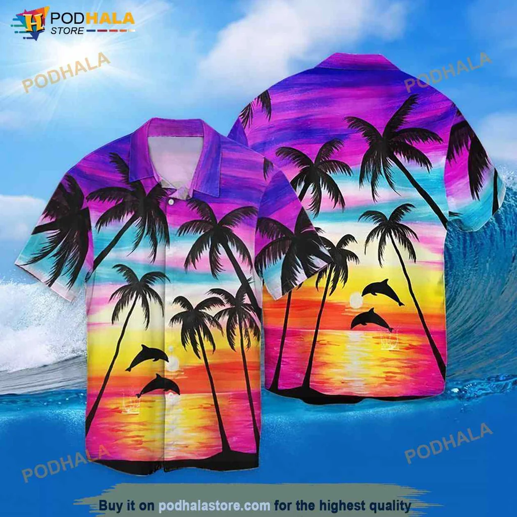 Dolphin Sunset Hawaiian Shirt With Vibrant Tropical Colors And Palm Trees