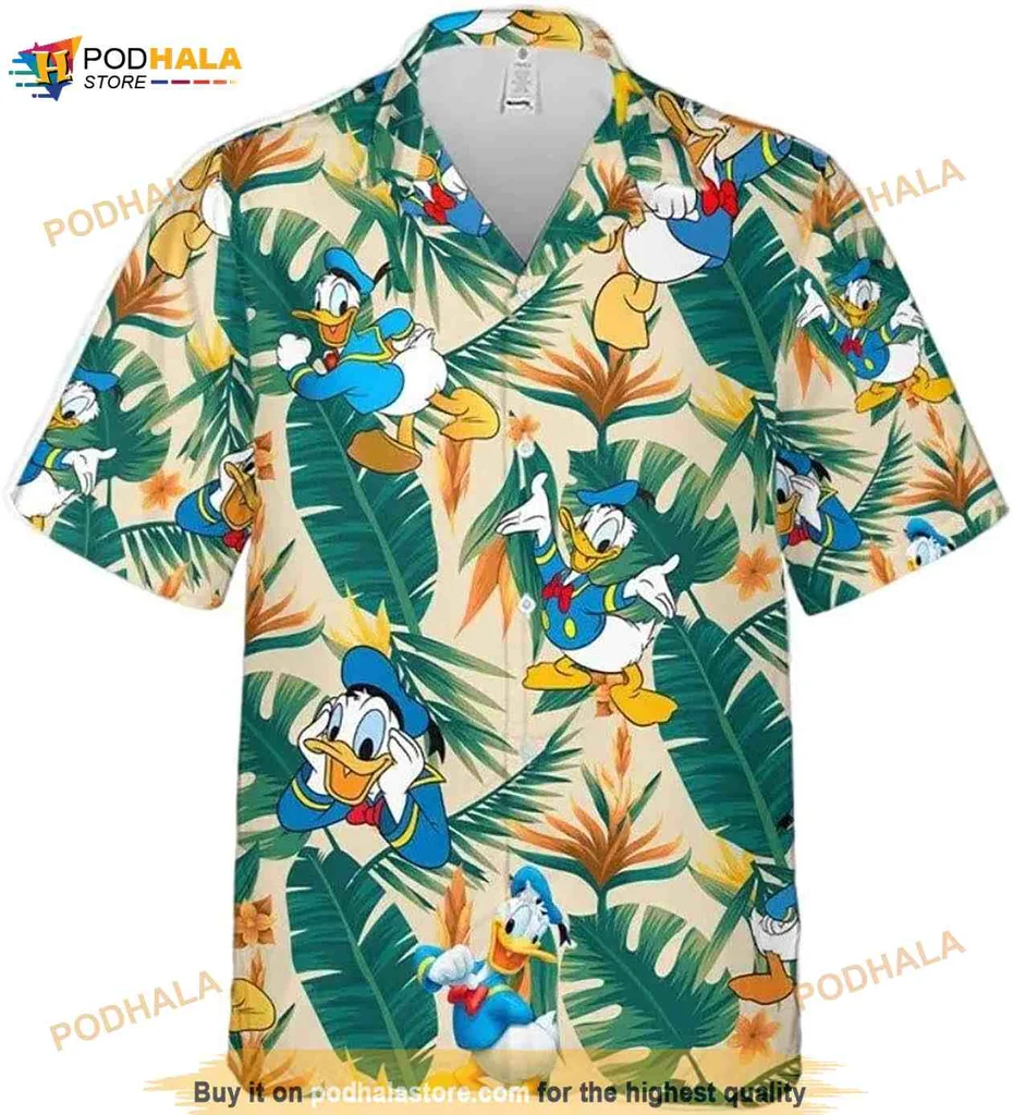 Donald Duck Tropical Hawaiian Shirt With Playful Poses And Palm Leaves Donald Duck Tropical Hawaiian Shirt With Playful Poses And Palm Leaves