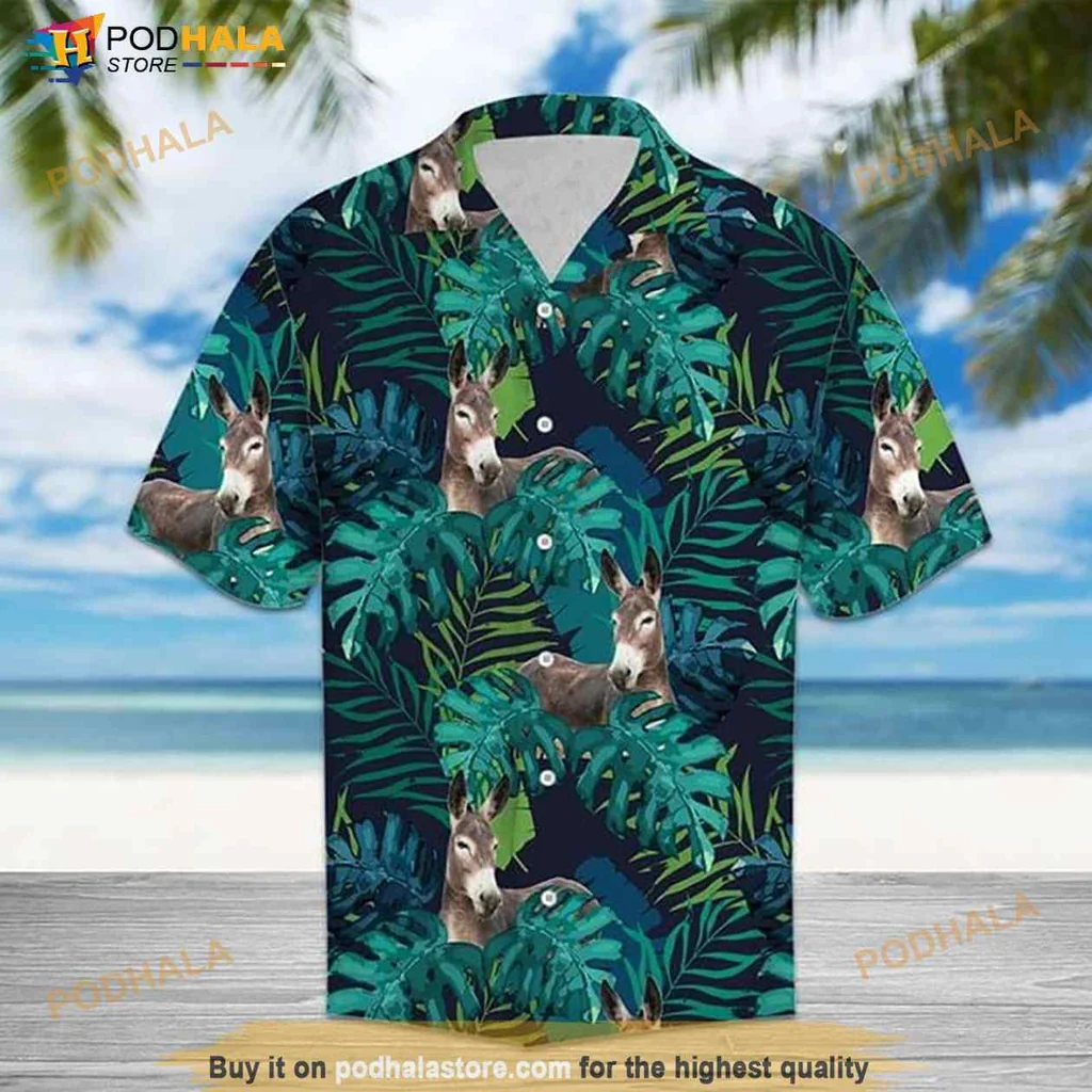 Donkey Tropical Hawaiian Shirt With Playful Cartoon Design And Lush Foliage