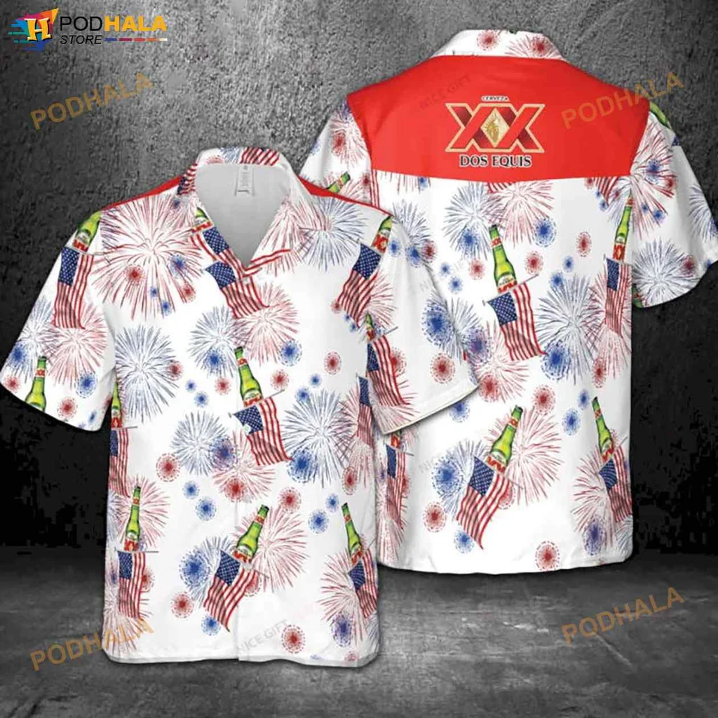 Dos Equis American Flag Hawaiian Shirt With Colorful Fireworks Design