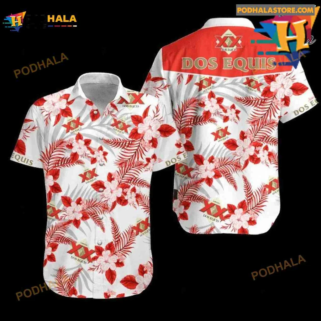 Dos Equis Beer Hawaiian Shirt With Red Hibiscus Flowers