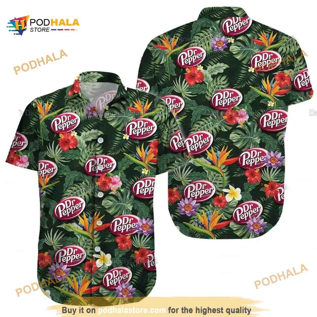 Dr Pepper Tropical Aloha Shirt, Vibrant Hibiscus Flowers And Green Leaves