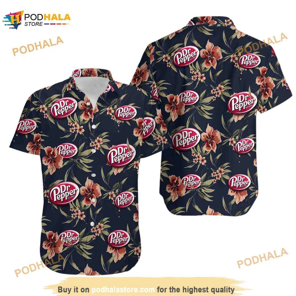 Dr Pepper Tropical Aloha Shirt With Floral Patterns And Logo