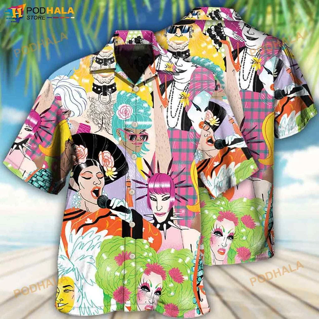 Drag Queen Colorful Hawaiian Shirt Featuring Vibrant Characters Singing