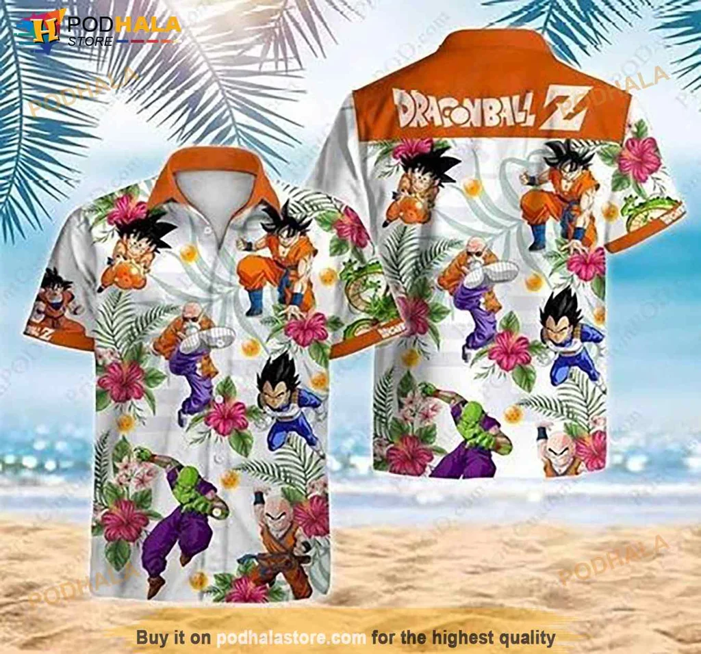 Dragon Ball Z Hawaiian Shirt With Goku, Vegeta And Tropical Hibiscus Design