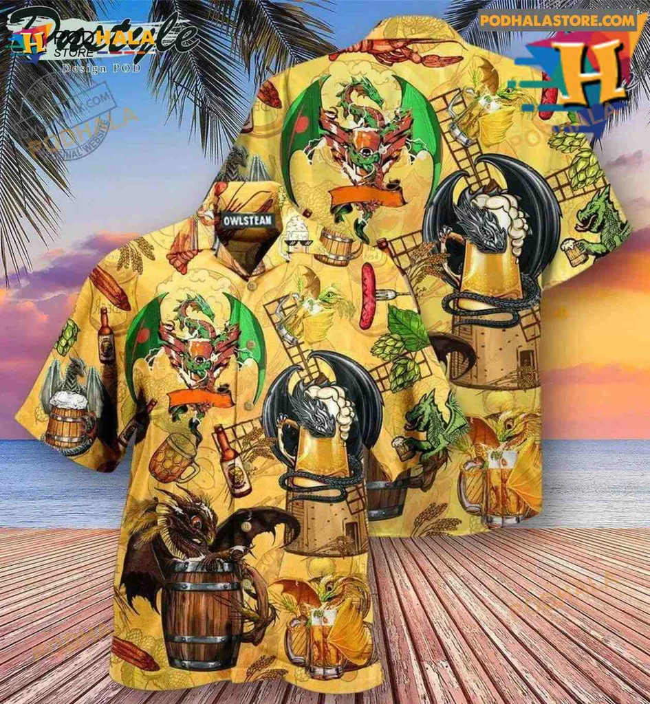 Dragon Beer Tropical Aloha Shirt With Colorful Dragon And Beer Motifs