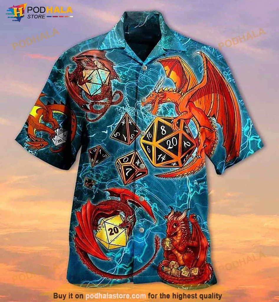 Dragons And Dice Hawaiian Shirt Featuring Intricate Red Dragons And D20