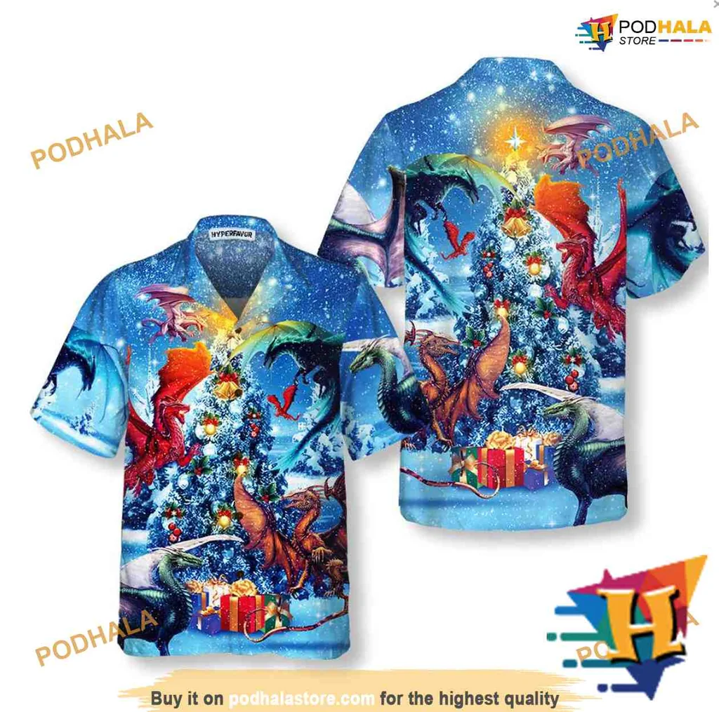 Dragons Christmas Aloha Shirt Featuring Colorful Holiday Design