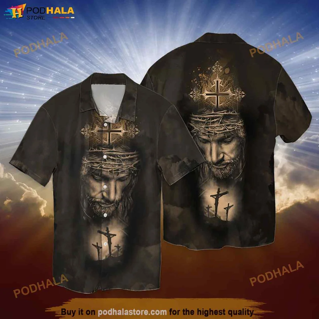 Dramatic Jesus Crown Hawaiian Shirt, Artistic Religious Graphic Tee For Men