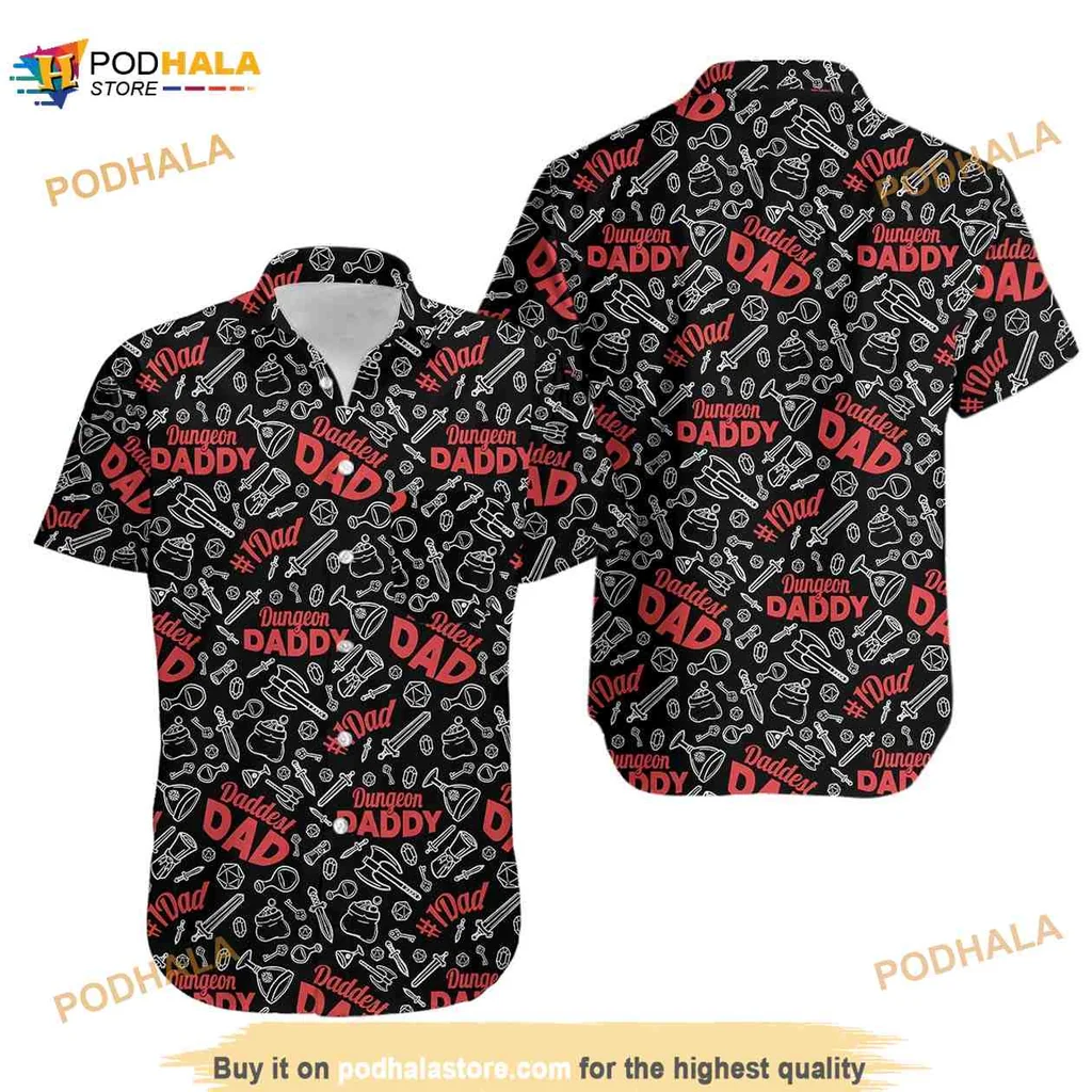 Dungeon Daddy Gaming Hawaiian Shirt With Fun Dice And Sword Design