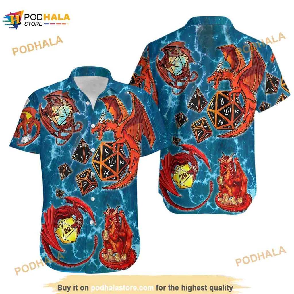 Dungeons And Dragons Dragon Hawaiian Shirt With Polyhedral Dice