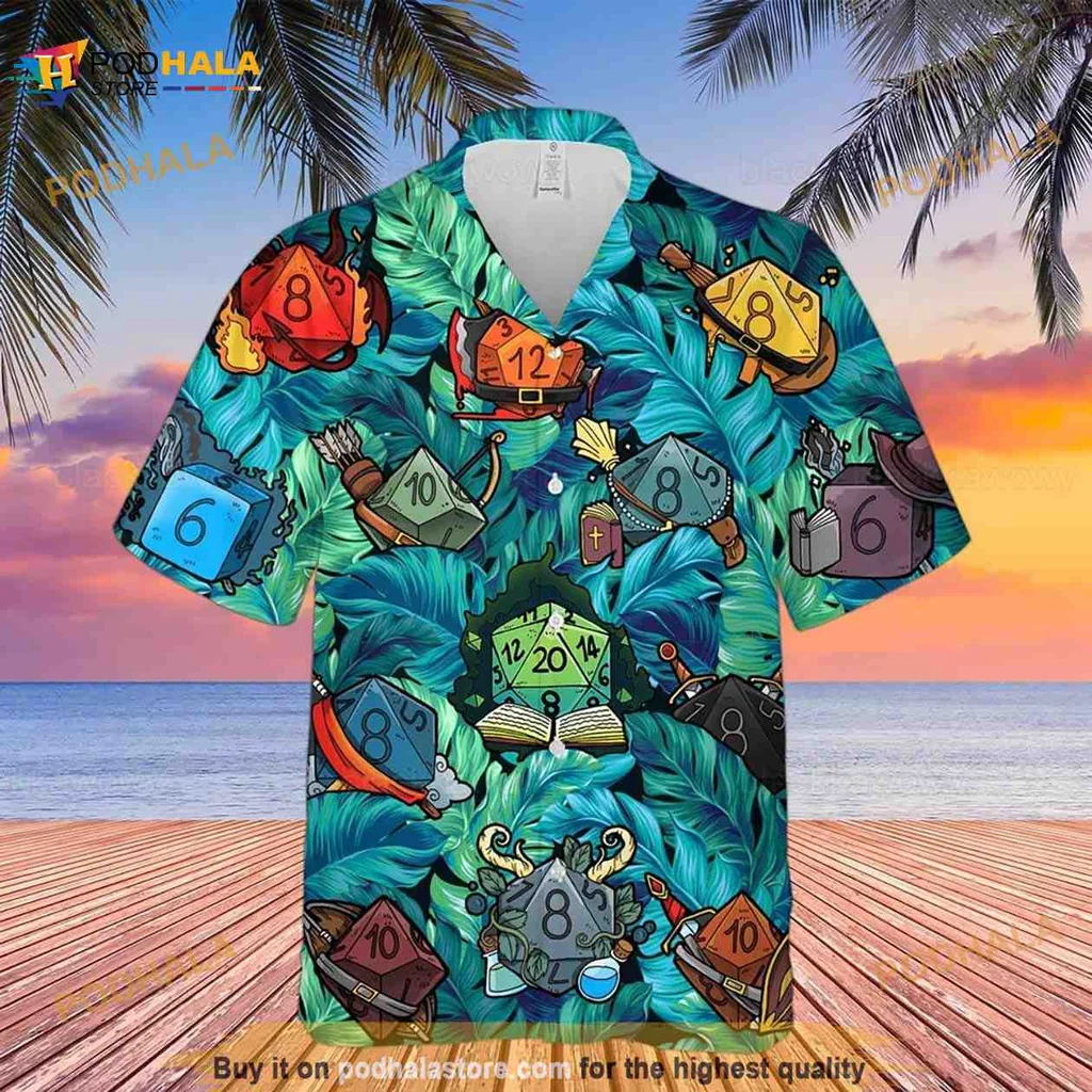 Dungeons And Dragons Hawaiian Shirt Featuring Colorful Dice And Fantasy Elements