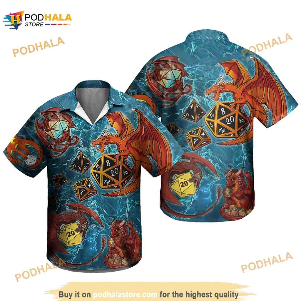 Dungeons And Dragons Hawaiian Shirt Featuring Colorful Dragon And Dice