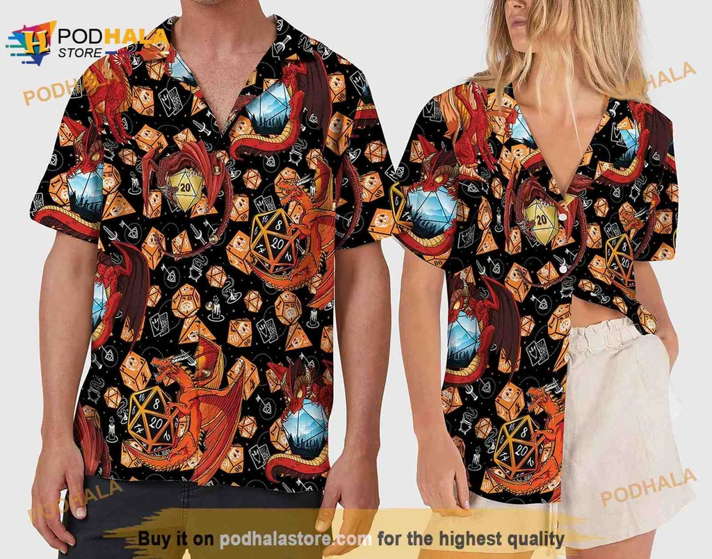 Dungeons And Dragons Hawaiian Shirt, Vibrant Dragons And Dice Pattern