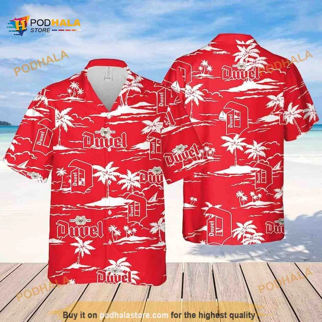 Duvel Beer Tropical Hawaiian Shirt With Palm Trees And Waves