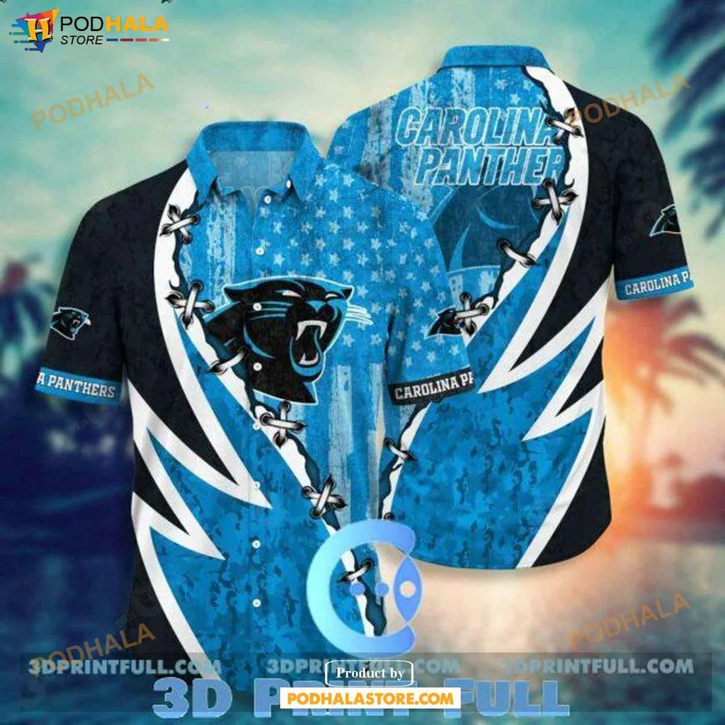 Dynamic Panther Sport Hawaiian Shirt, Vibrant Carolina Panthers Design With Stars And Lightning