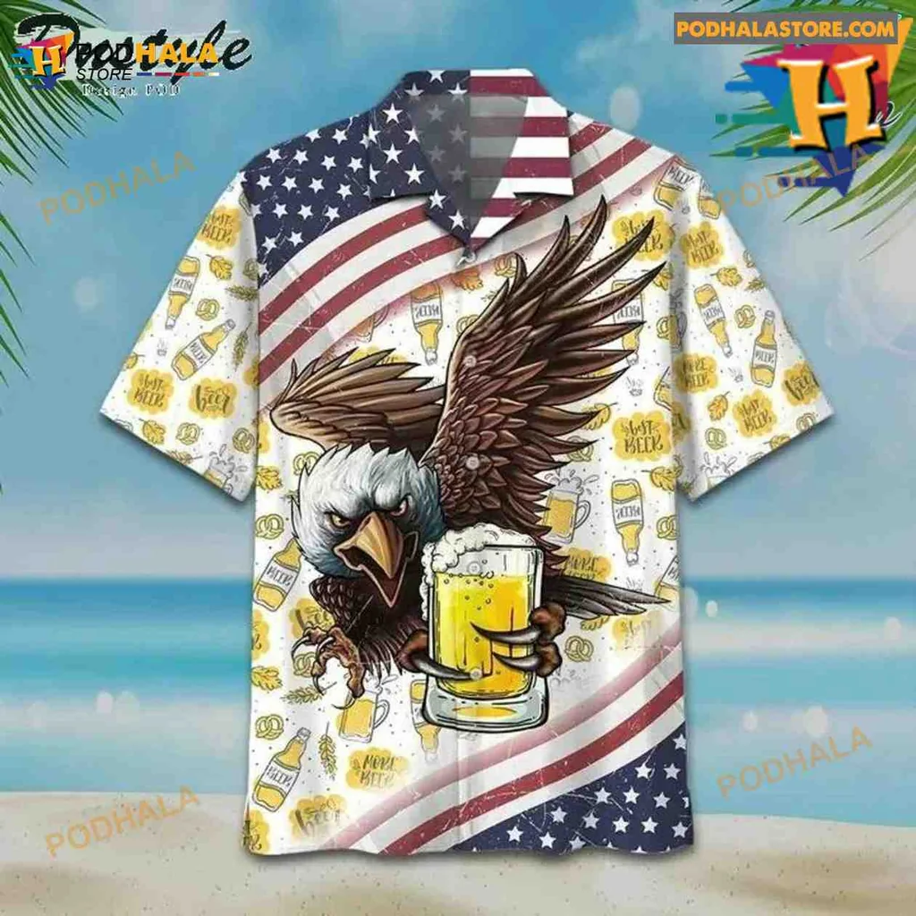 Eagle Beer Patriotic Hawaiian Shirt With Red And White Stripes