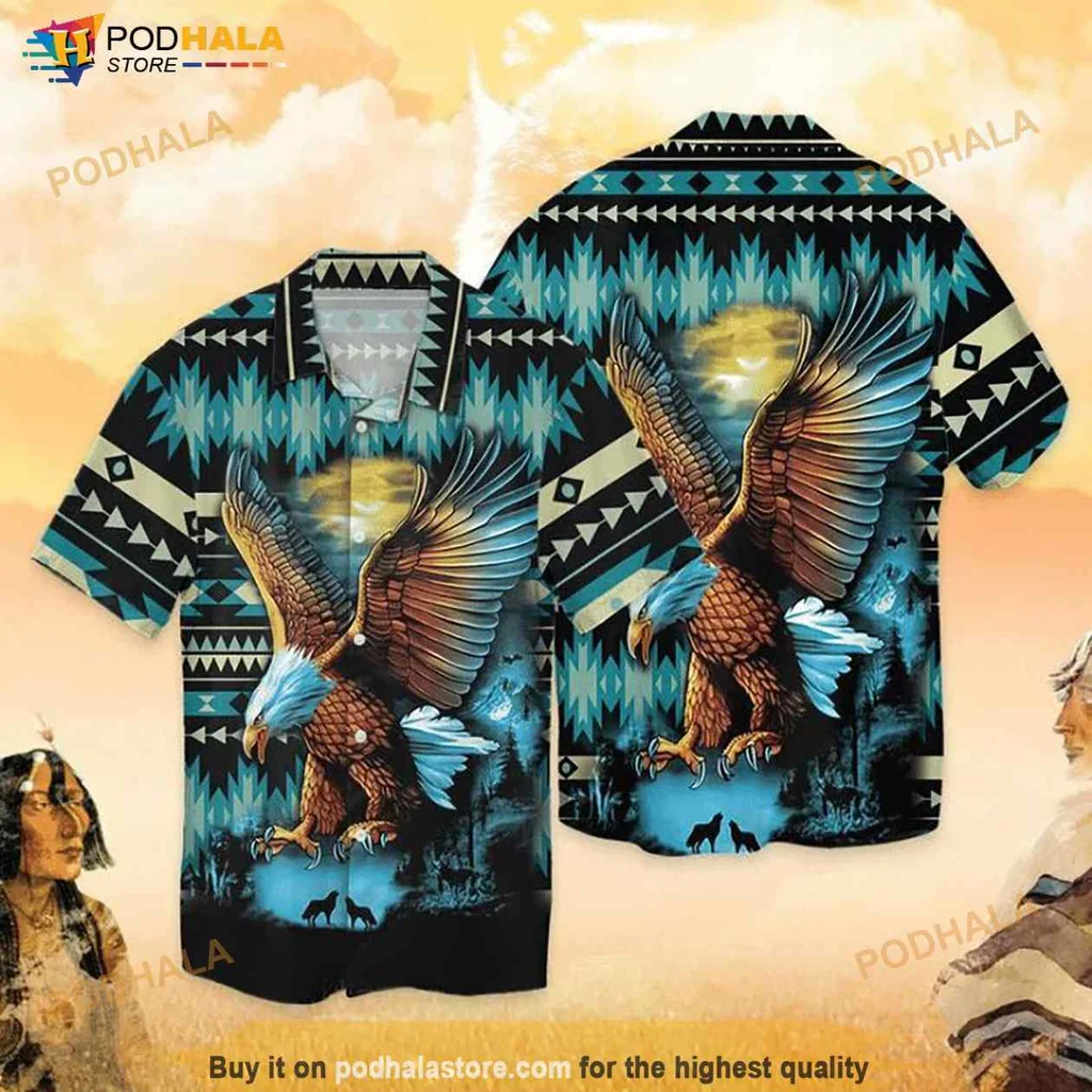 Eagle Tribal Hawaiian Shirt With Geometric Patterns And Vibrant Colors