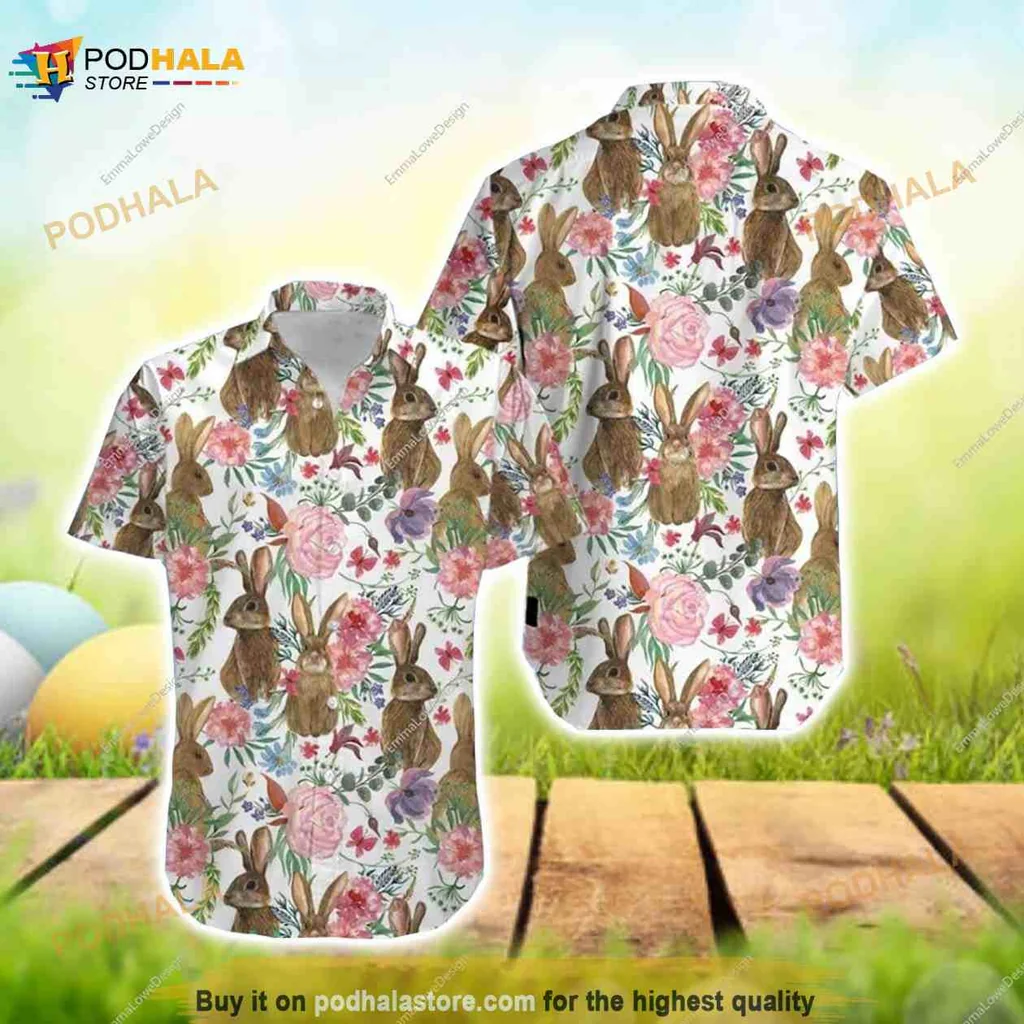 Easter Bunny Hawaiian Shirt With Colorful Floral Design