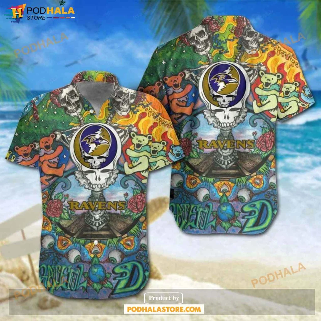 Eclectic Ravens Grateful Dead Hawaiian Shirt, Vibrant Skull Design With Dancing Bears