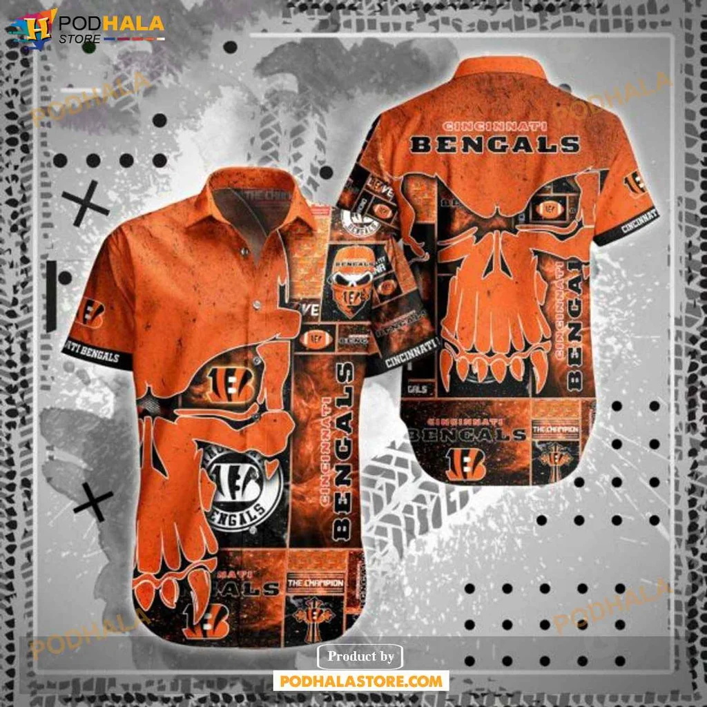 Edgy Bengals Skull Hawaiian Shirt With Team Logo And Paw Prints Design