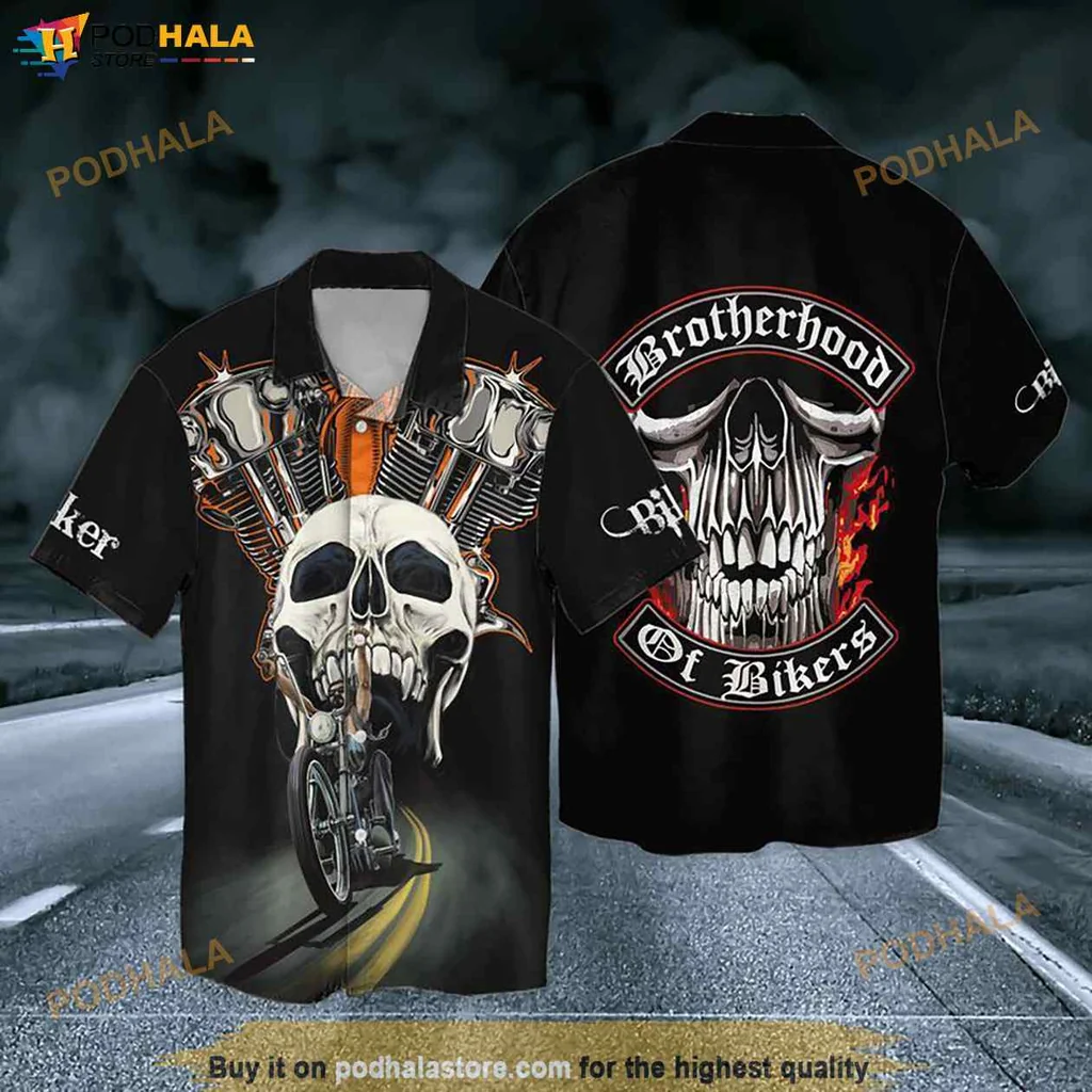 Edgy Brotherhood Of Bikers Hawaiian Shirt, Skull Graphic With Motorcycle Elements