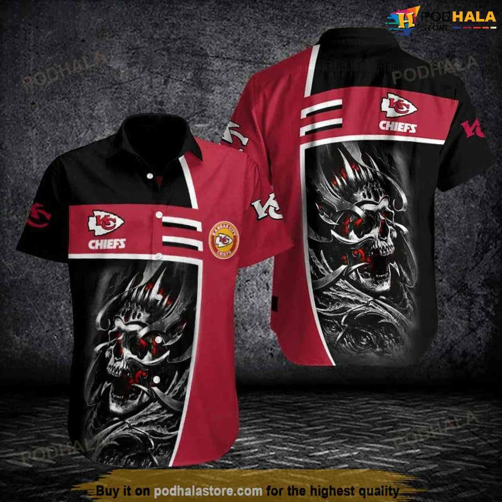 Edgy Chiefs Aloha Shirt, Skull Kansas City Chiefs Shirt For Game Day