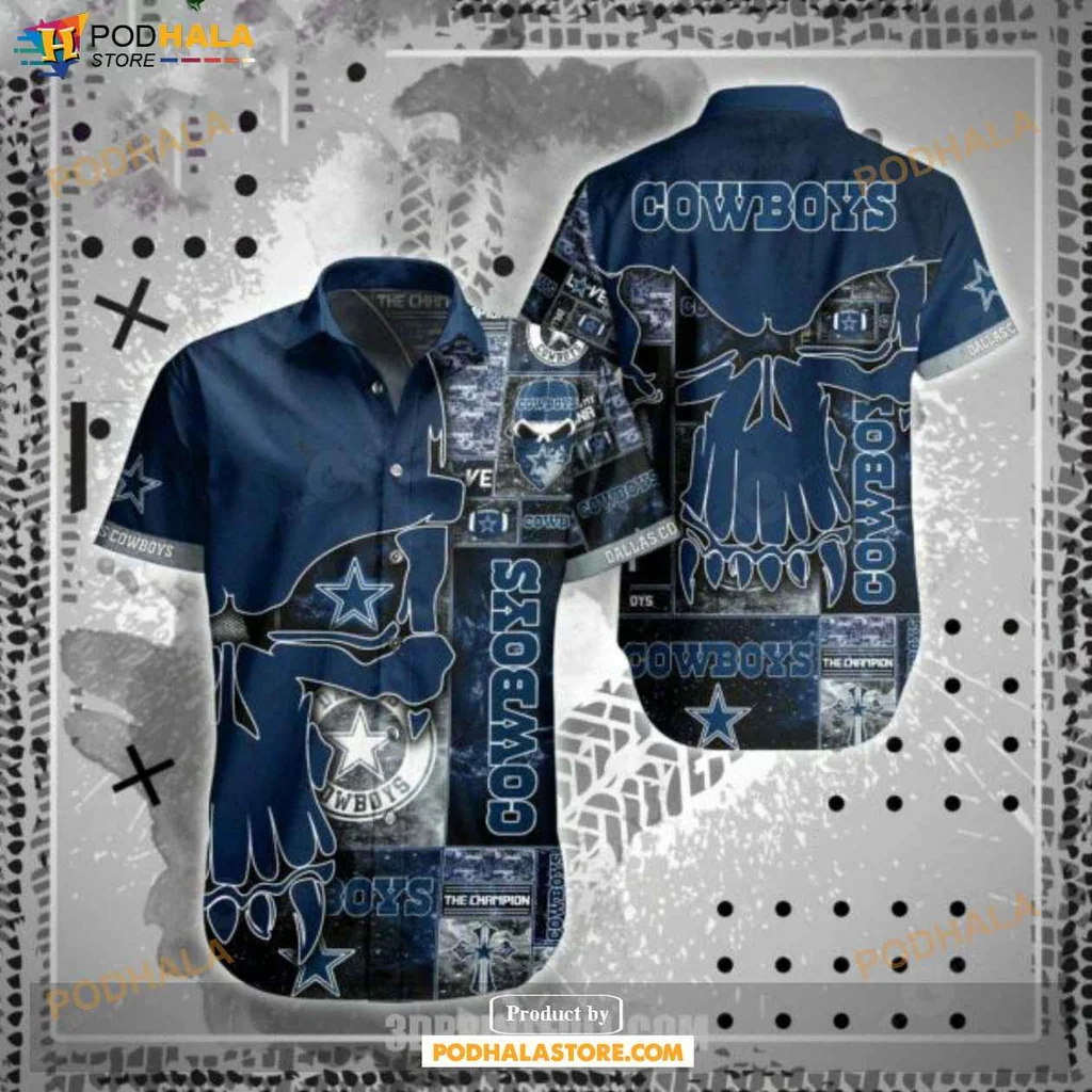 Edgy Dallas Cowboys Hawaiian Shirt, Skull Graphic Design In Navy Blue And White