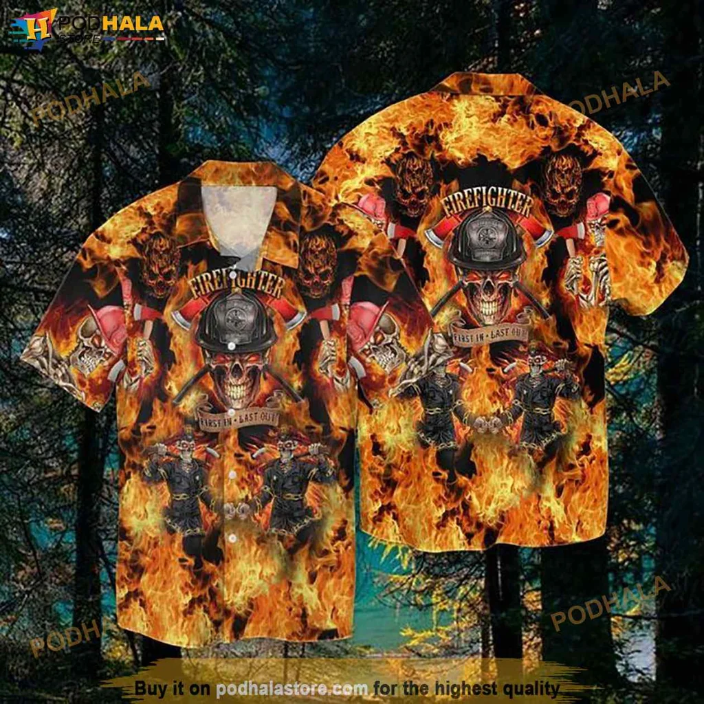 Edgy Firefighter Theme Hawaiian Shirt, Skulls And Flames Design For Fire Enthusiasts
