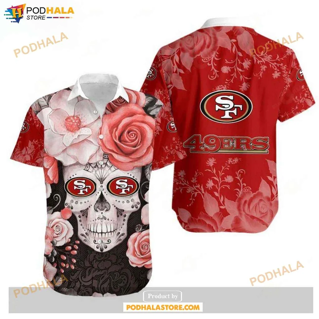 Edgy Floral Skull Hawaiian Shirt, San Francisco 49ers Fan Gift With Vibrant Design