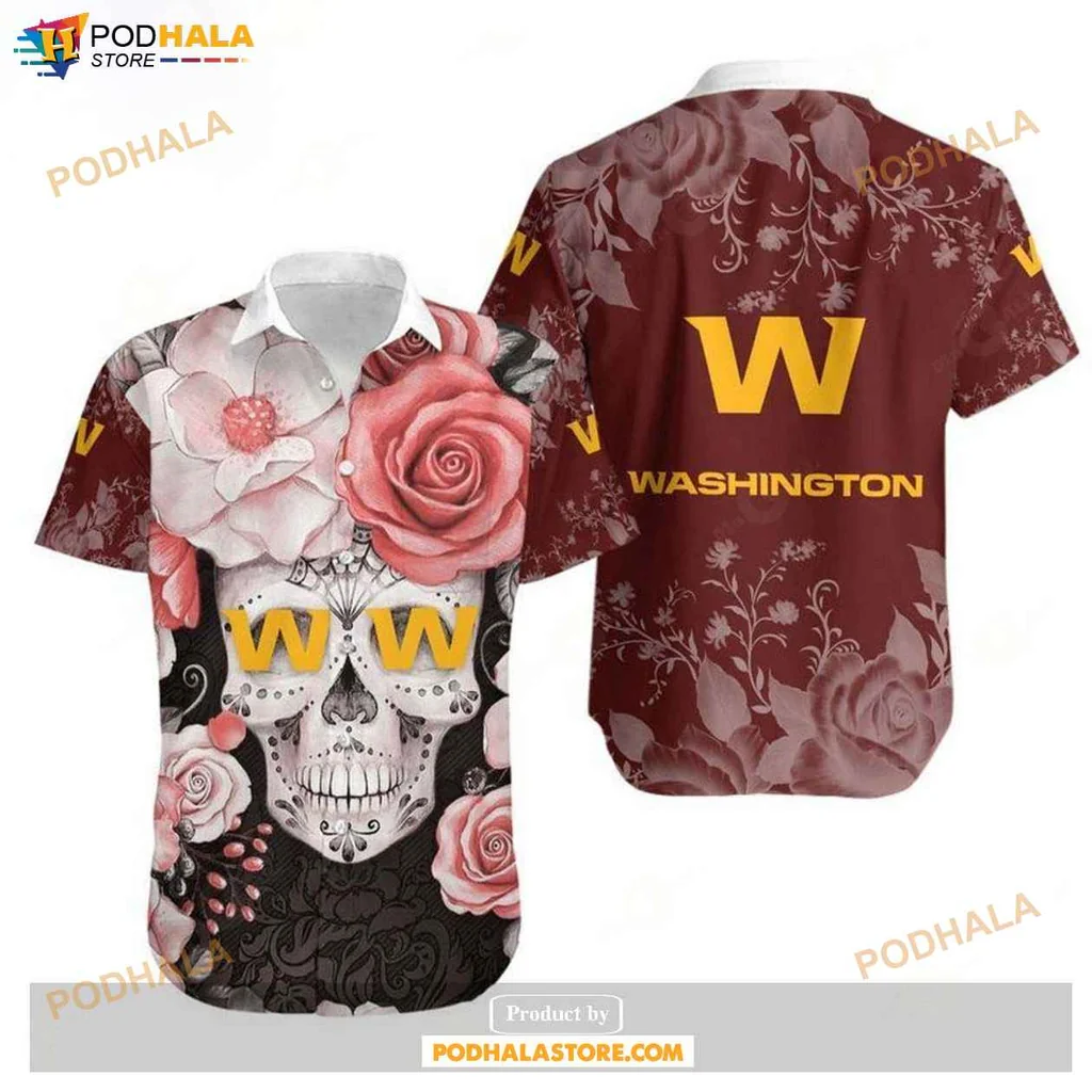 Edgy Floral Skull Hawaiian Shirt, Washington Football Team Fan Gift Design