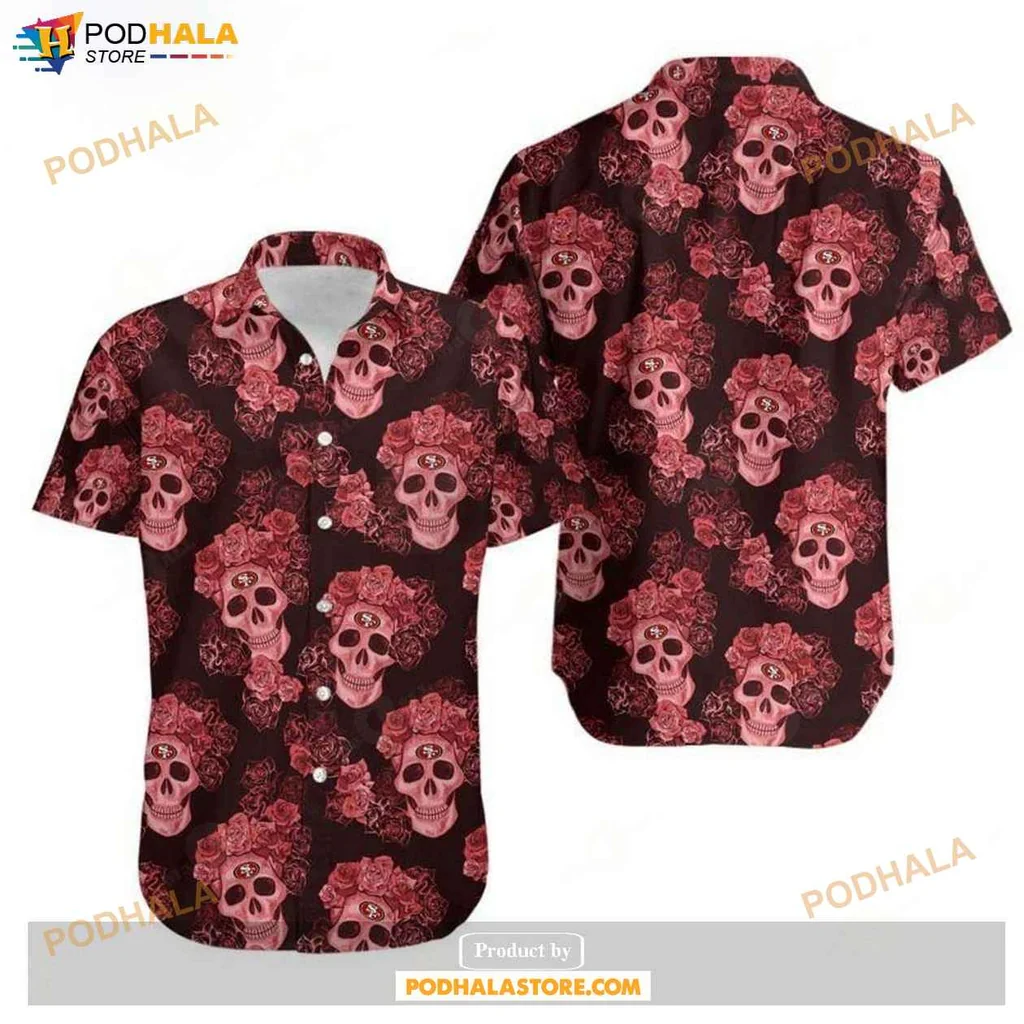 Edgy Floral Skulls Hawaiian Shirt, San Francisco 49ers Design With Vibrant Details