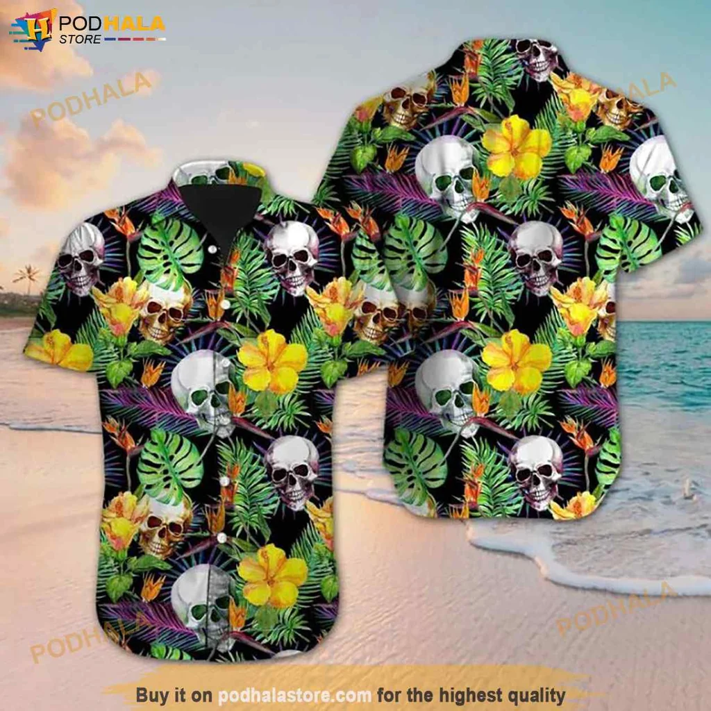 Edgy Floral Skulls Hawaiian Shirt, Vibrant Tropical Design With Skulls And Hibiscus