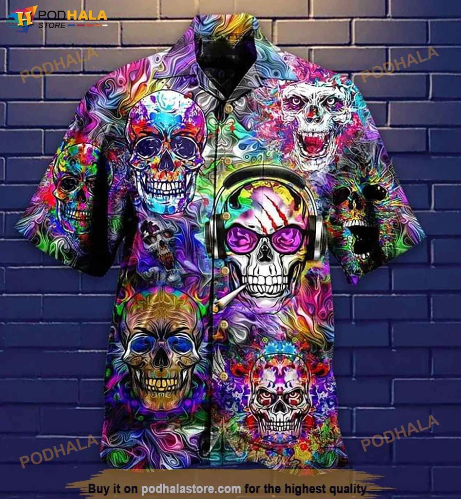 Edgy Psychedelic Skull Hawaiian Shirt, Vibrant Bohemian Style For Festival Lovers