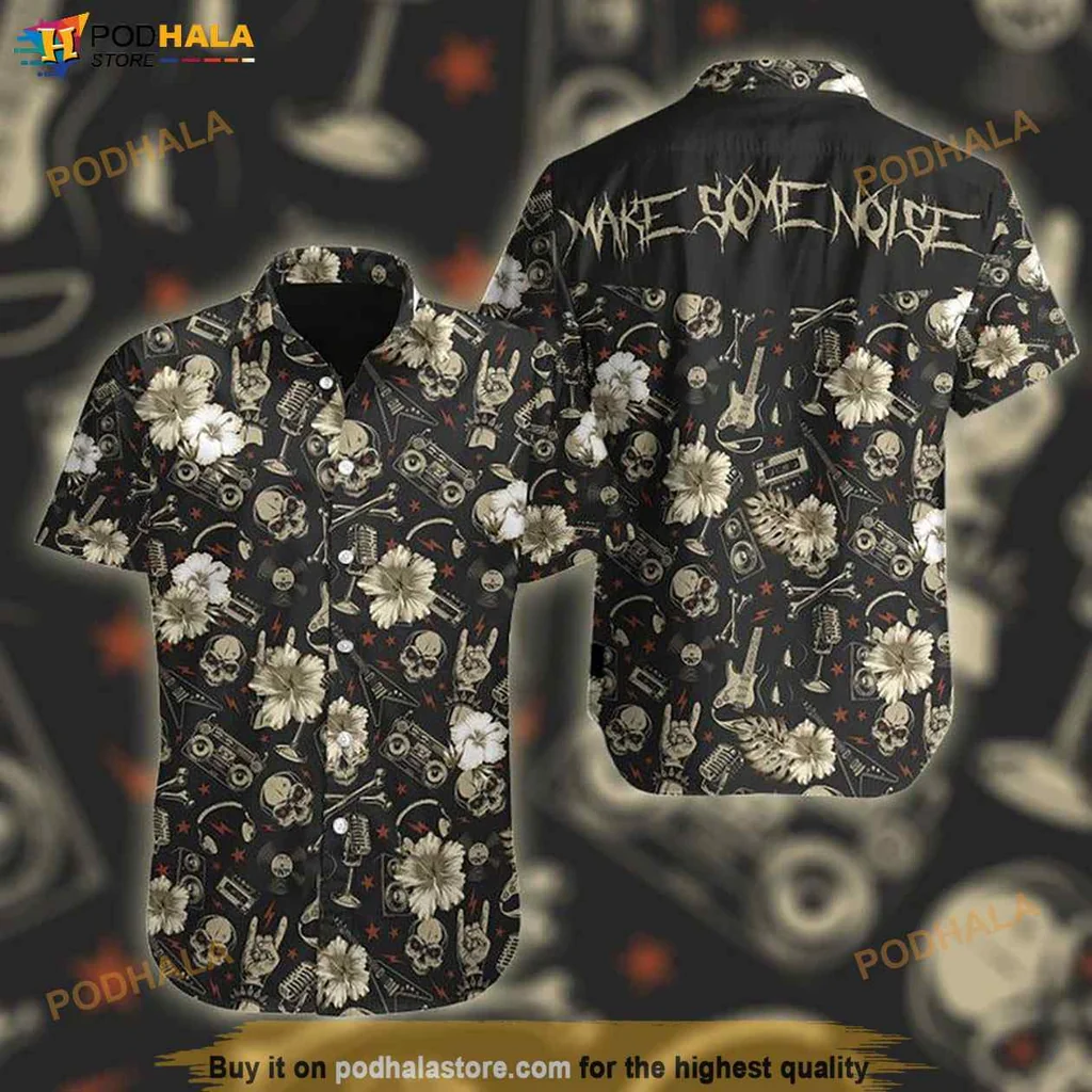 Edgy Punk Rock Hawaiian Shirt, Make Some Noise Design With Skulls And Guitars