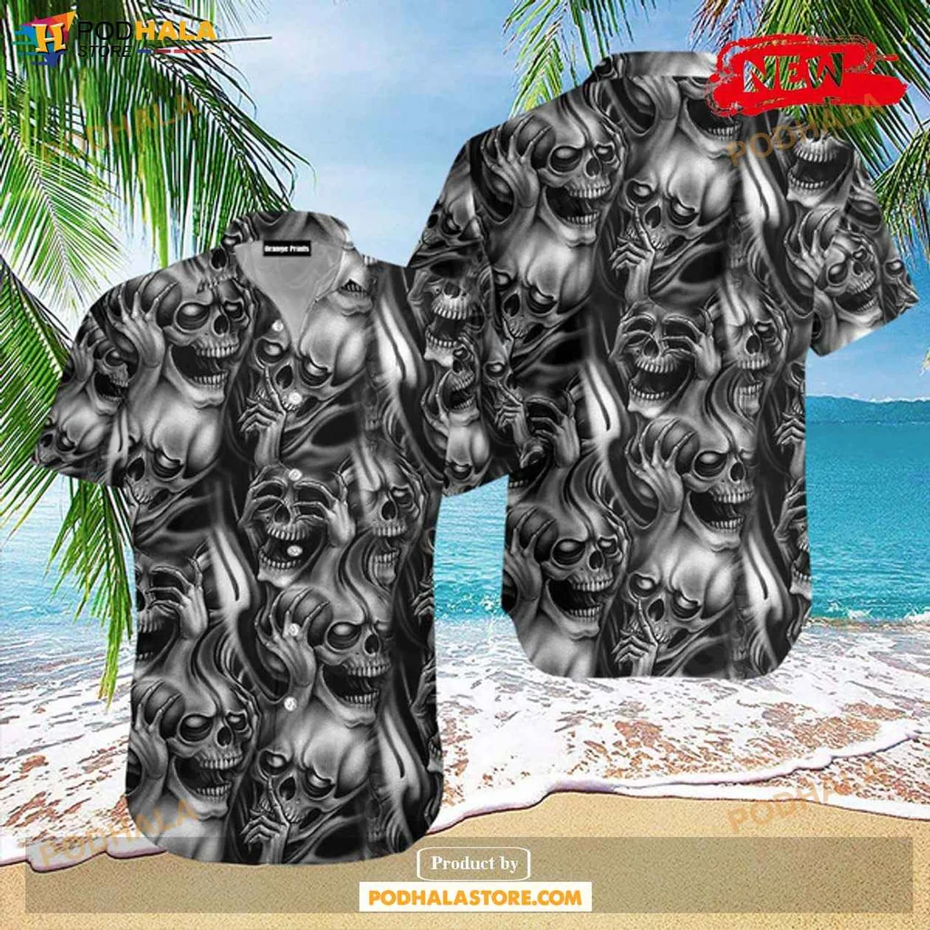 Edgy Skull Aloha Shirt, Bold Black Tropical Shirt For Men And Women