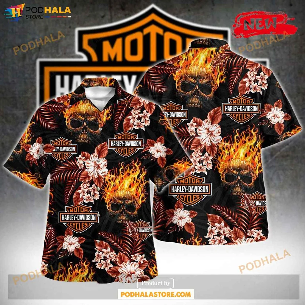 Edgy Skull Aloha Shirt, Summer Tropical Shirt With Bold Flame Design