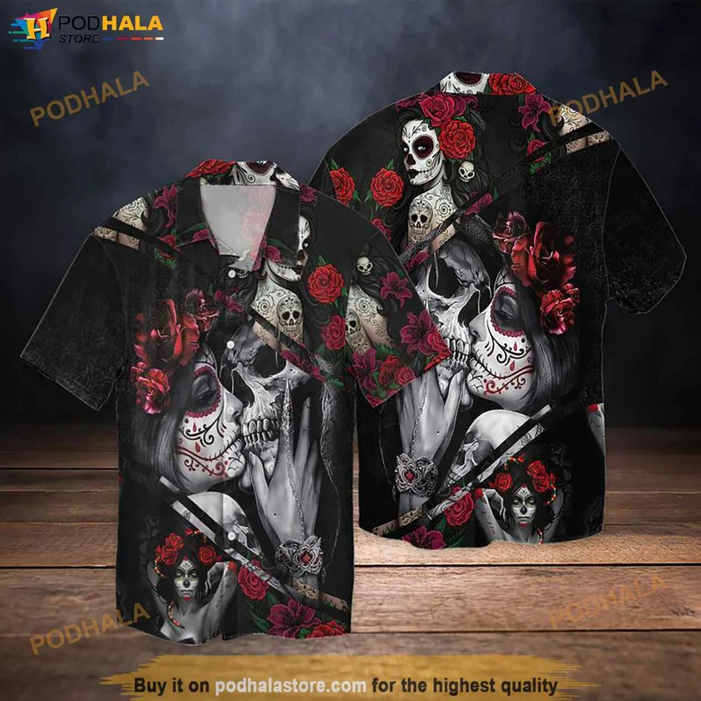 Edgy Skull Couple Hawaiian Shirt With Roses, Gothic Romance Design For Alternative Fashion
