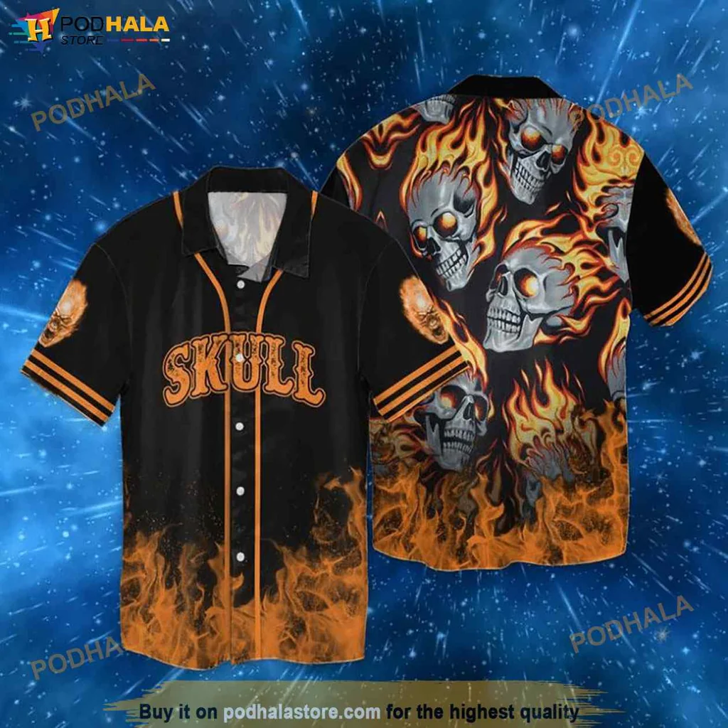 Edgy Skull Flames Hawaiian Shirt, Bold Black Design For Firefighters And Bikers