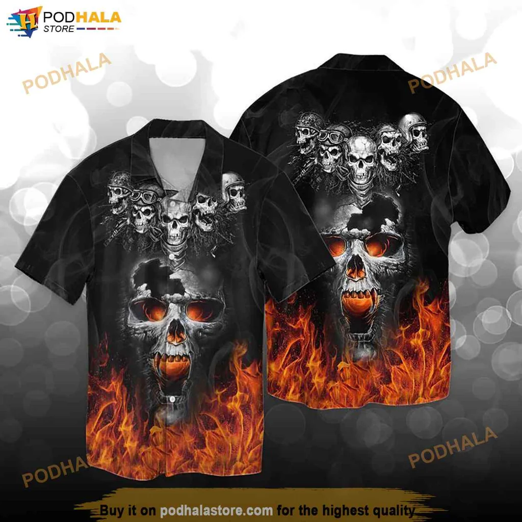 Edgy Skull Flames Hawaiian Shirt, Bold Punk Style With Fiery Design