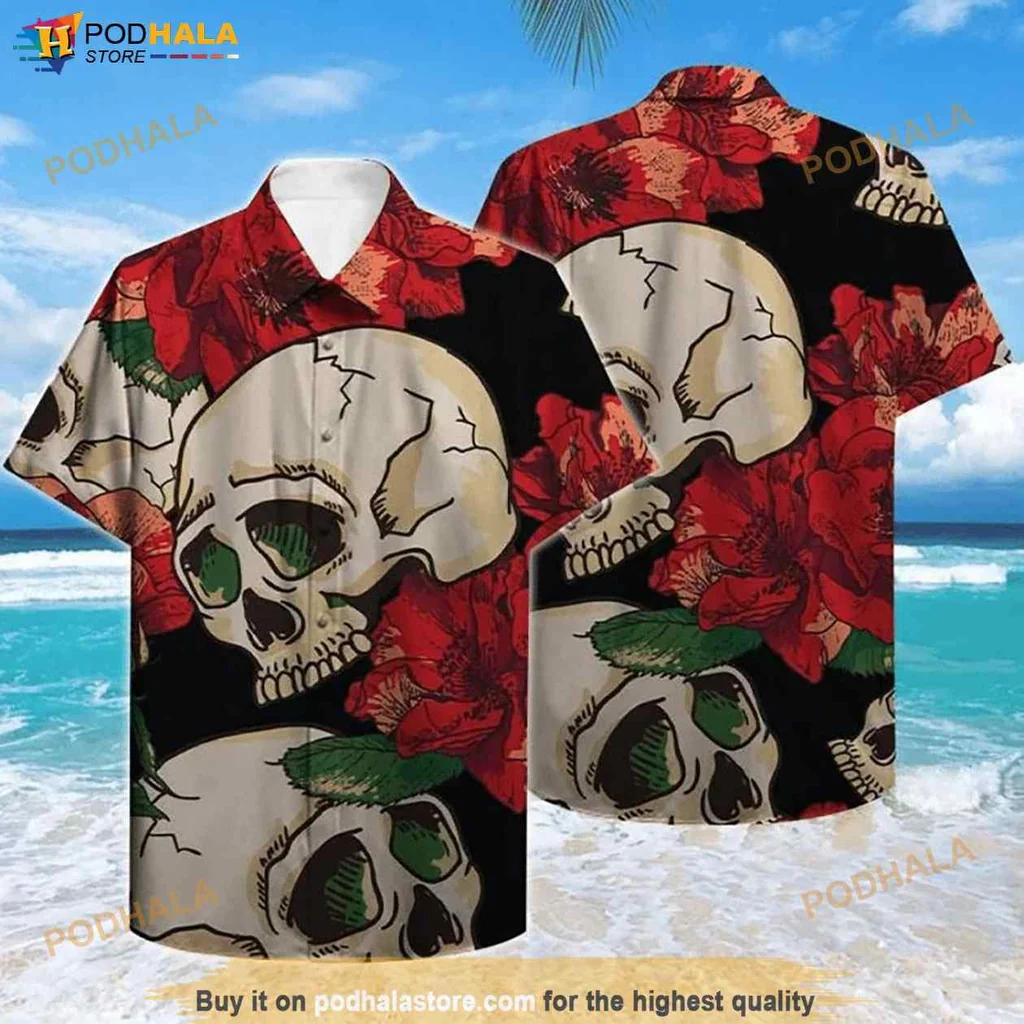 Edgy Skull Floral Aloha Shirt, Vibrant Tropical Design With Playful Skulls