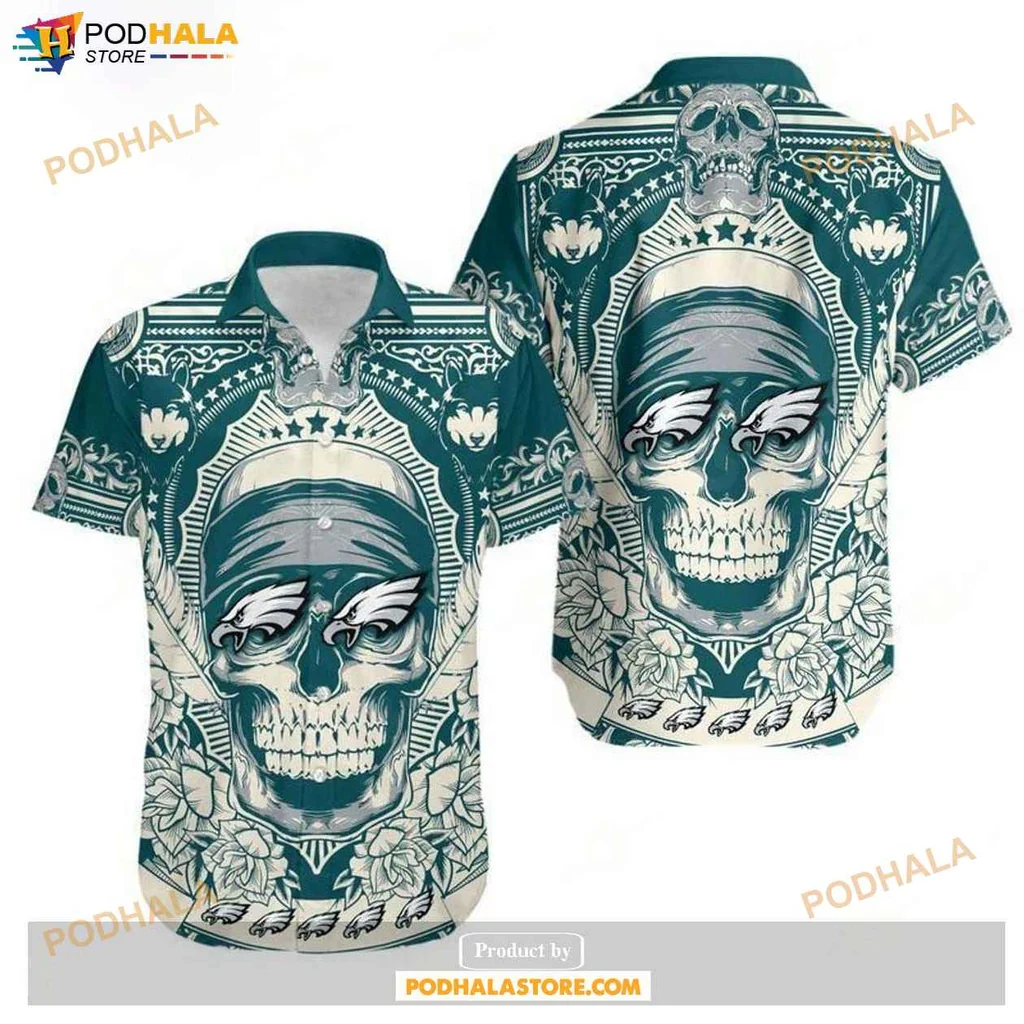 Edgy Skull Floral Hawaiian Shirt, Philadelphia Eagles Fan Gift For Summer Events