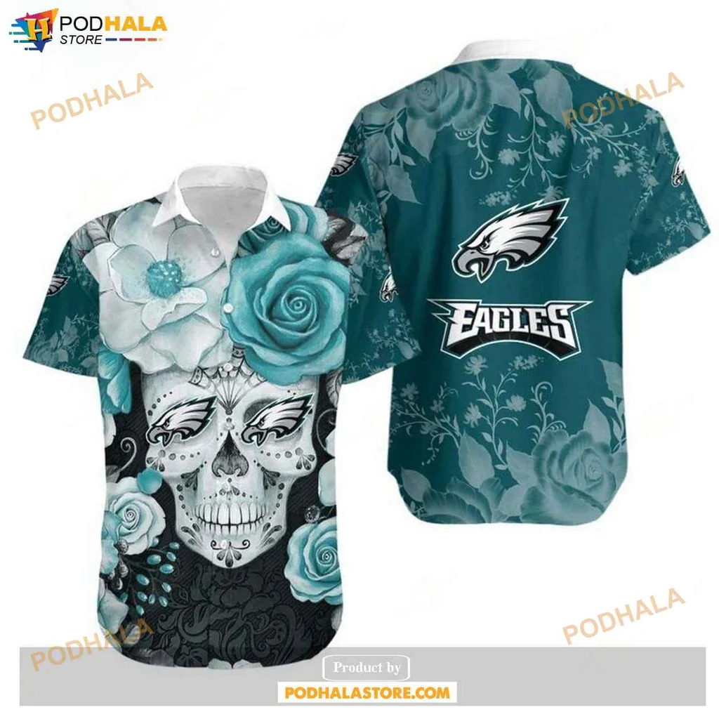 Edgy Skull Floral Hawaiian Shirt, Philadelphia Eagles Fan Graphic Tee
