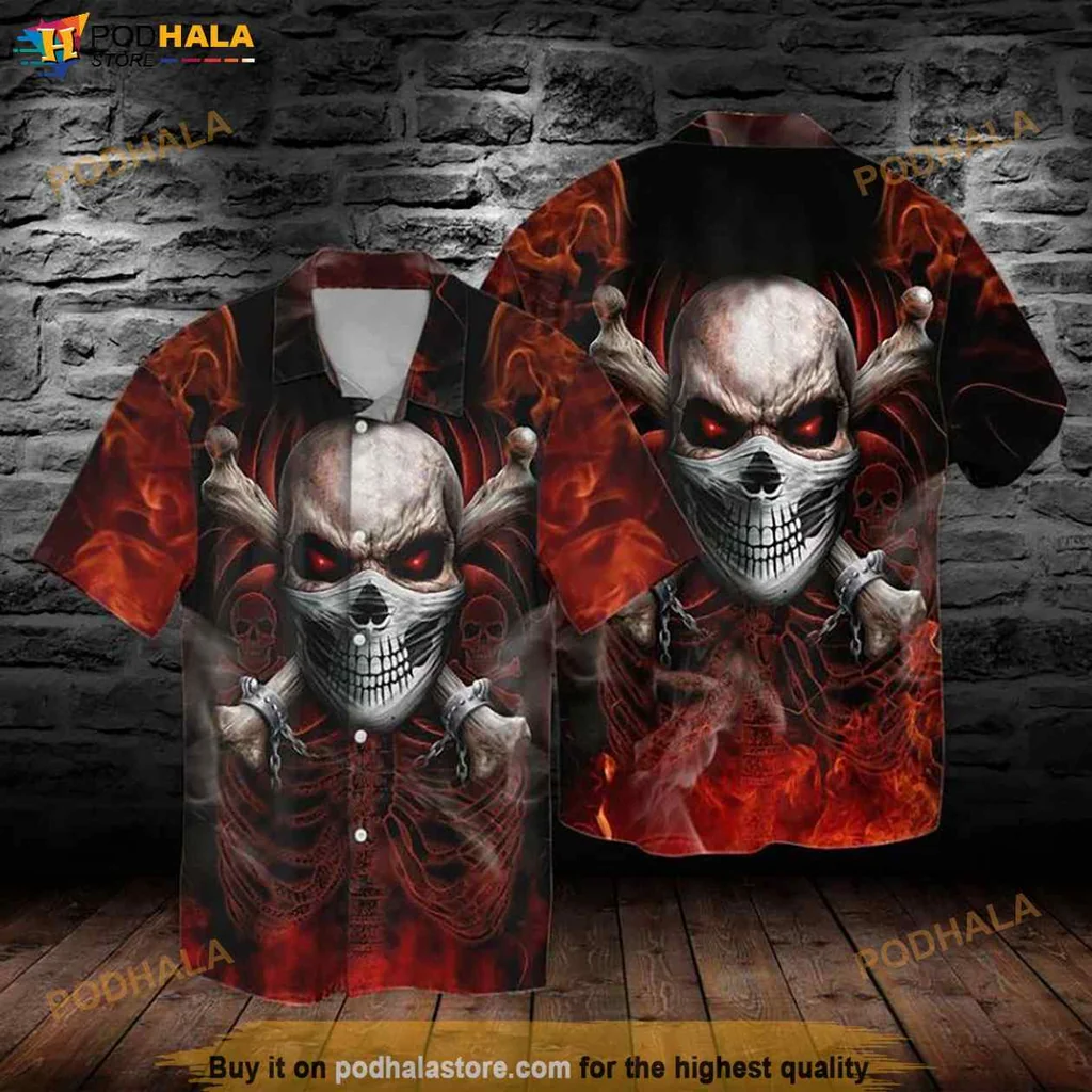 Edgy Skull Graphic Hawaiian Shirt, Bold Red And Black Design For Punk Style