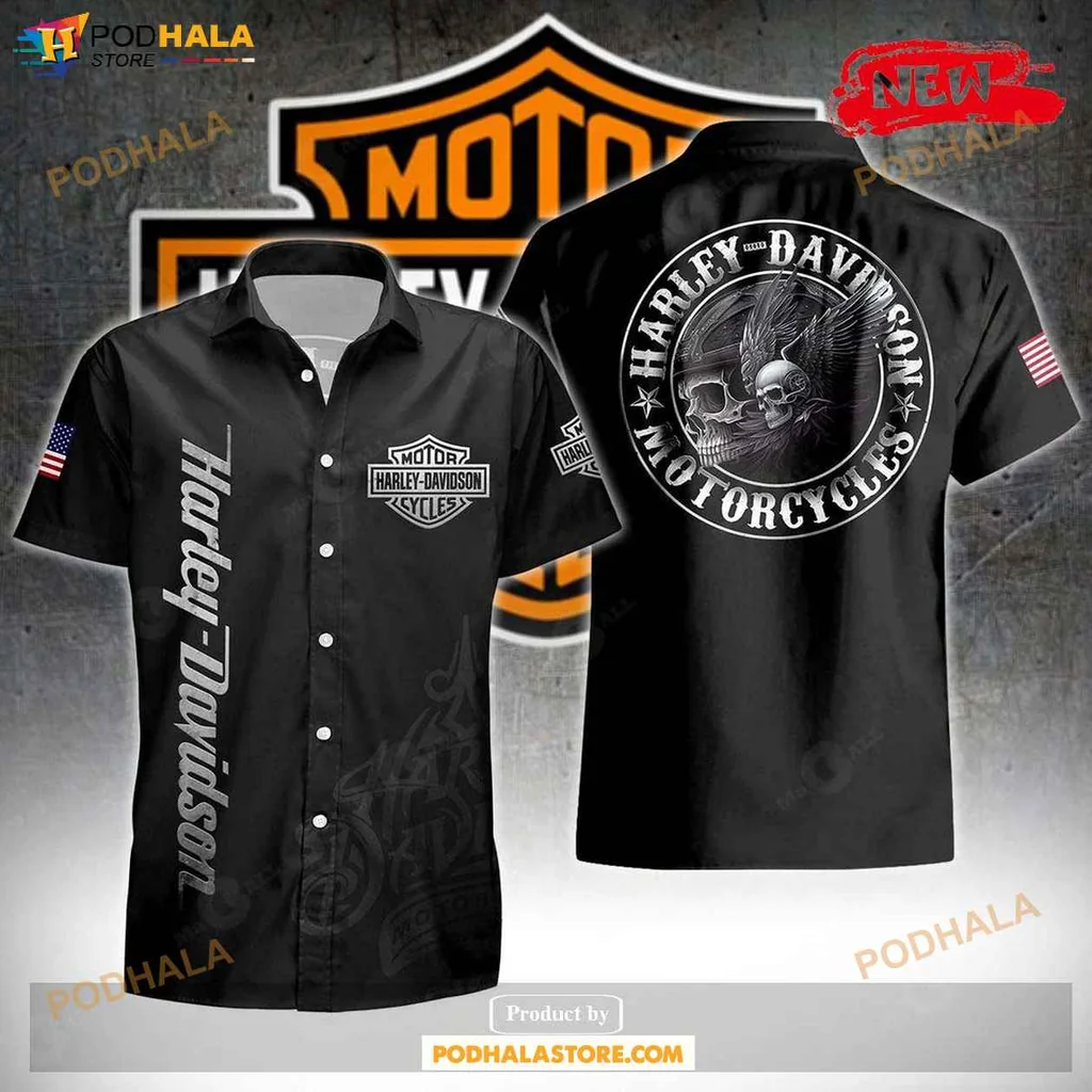 Edgy Skull Harley Davidson Aloha Shirt, Ripped American Flag Tropical Shirt For Men Women