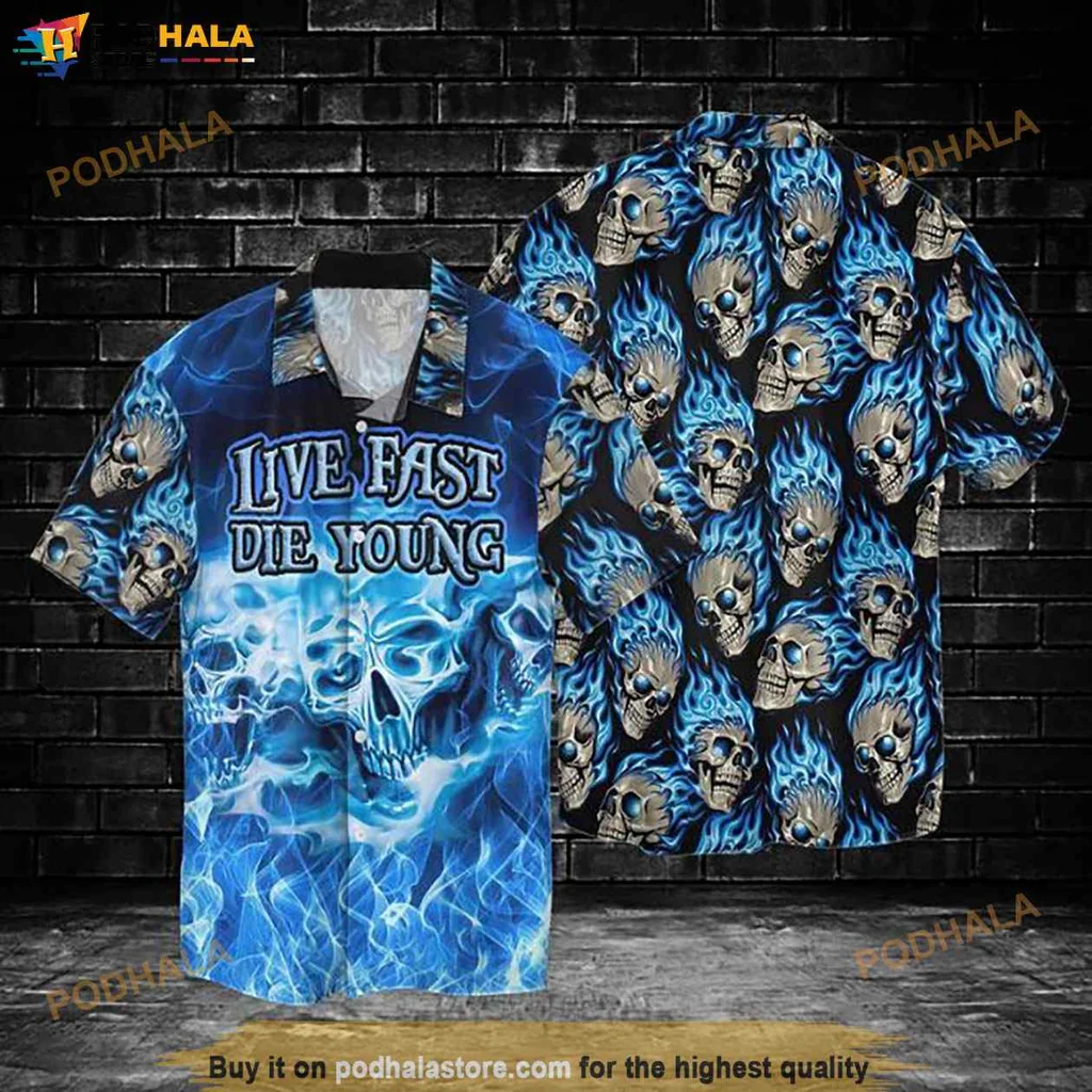 Edgy Skull Live Fast Hawaiian Shirt With Flames For Punk Rock Style