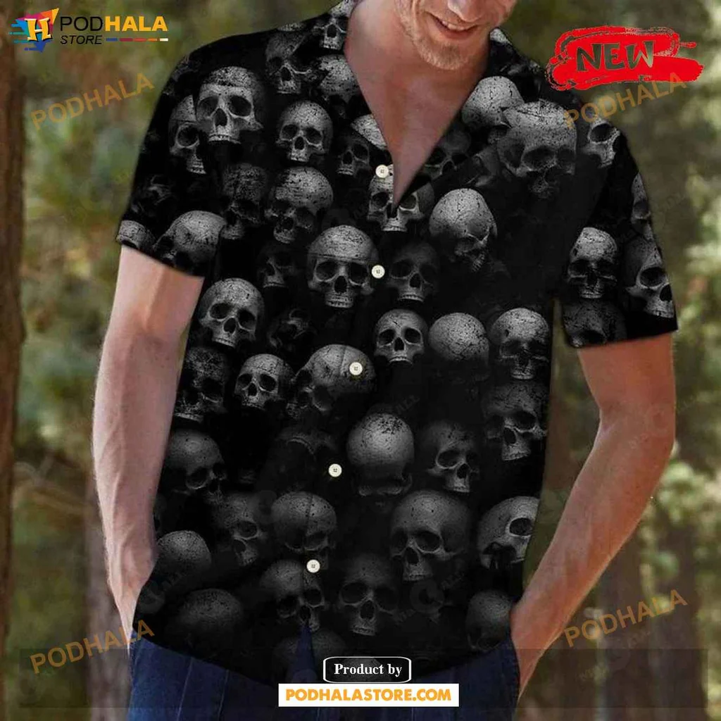 Edgy Skull Lover Hawaiian Shirt, Bold Black And Gray Skull Pattern For Casual Style