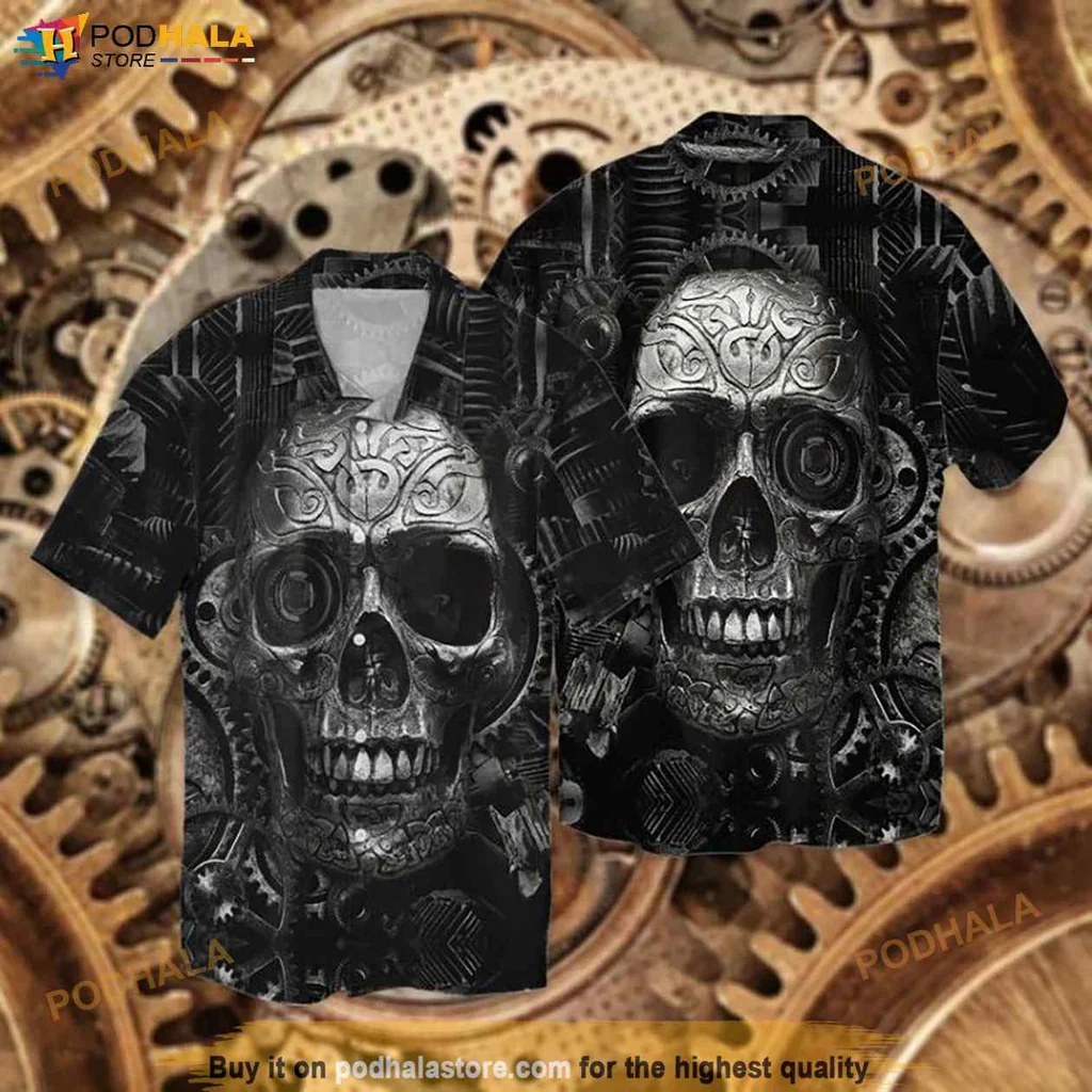 Edgy Skull Rebel Hawaiian Shirt, Gothic Tropical Design With Metallic Details